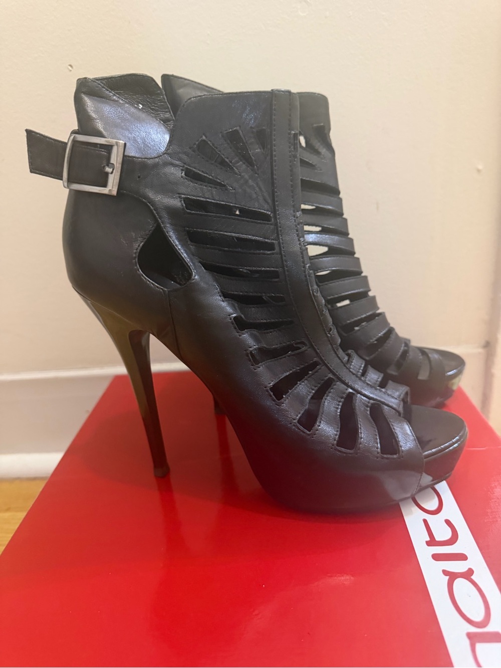 Black Cutout Peep-Toe Stiletto Booties with Ankle Buckle